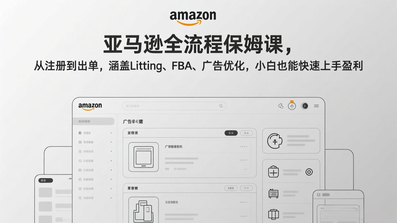 亚马逊全流程保姆课，从注册到出单，涵盖Listing、FBA、广告优化，小白也能快速上手盈利-送财鼠