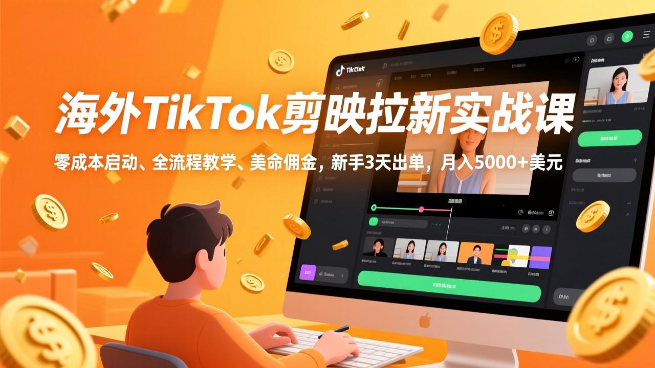 海外TikTok剪映拉新实战课，零成本启动、全流程教学、美金佣金，新手3天出单，月入5000+美元-送财鼠