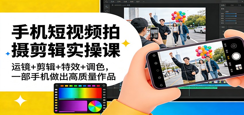 手机短视频拍摄剪辑实操课：运镜+剪辑+特效+调色，一部手机做出高质量作品-送财鼠
