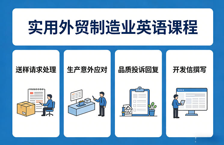 实用外贸制造业英语课程，教你专业处理送样请求、应对生产意外、回复品质投诉、撰写开发信等-送财鼠