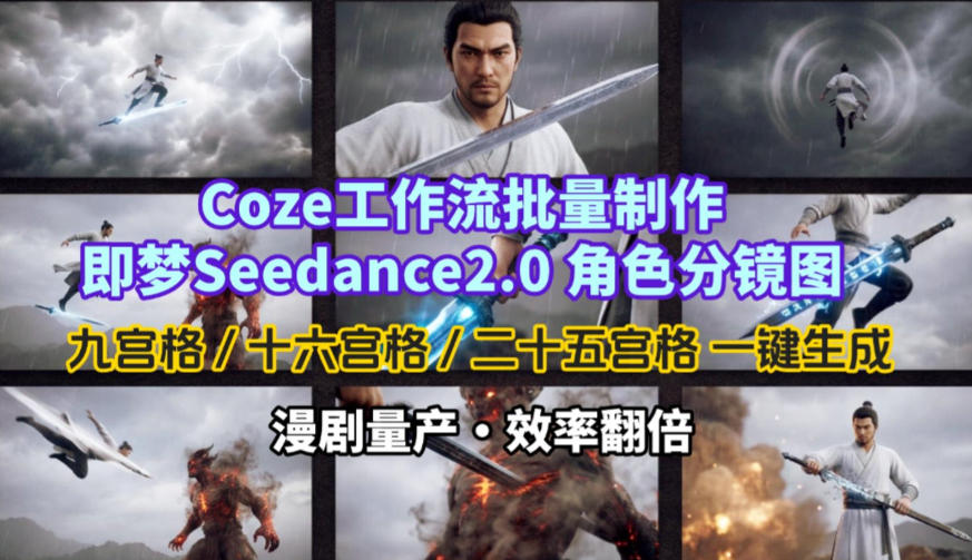 Coze工作流批量制作即梦Seedance2.0角色分镜图，九宫格-十六宫格-二十五宫格一键生成，漫剧量产，效率翻倍-送财鼠