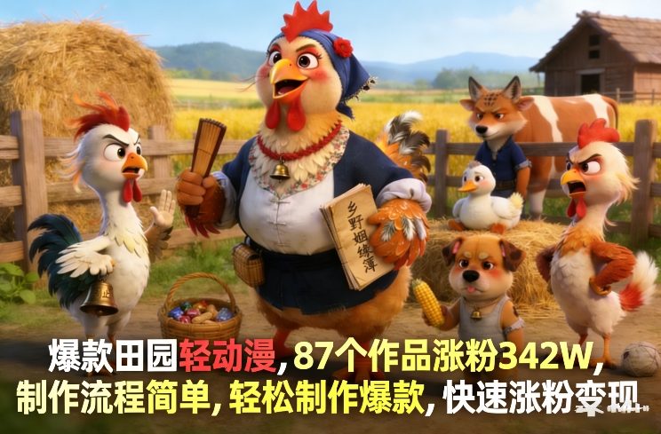 爆款田园轻动漫，87个作品涨粉342W，制作流程简单，轻松制作爆款，快速涨粉变现-送财鼠