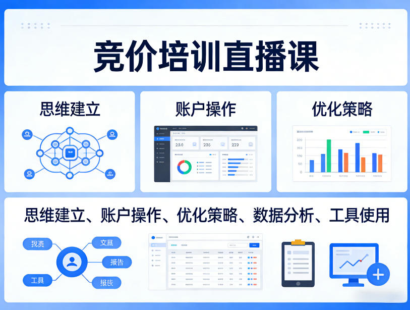 竞价培训直播课，覆盖思维建立、账户操作、优化策略、数据分析、工具使用等，全方位提升效果-送财鼠