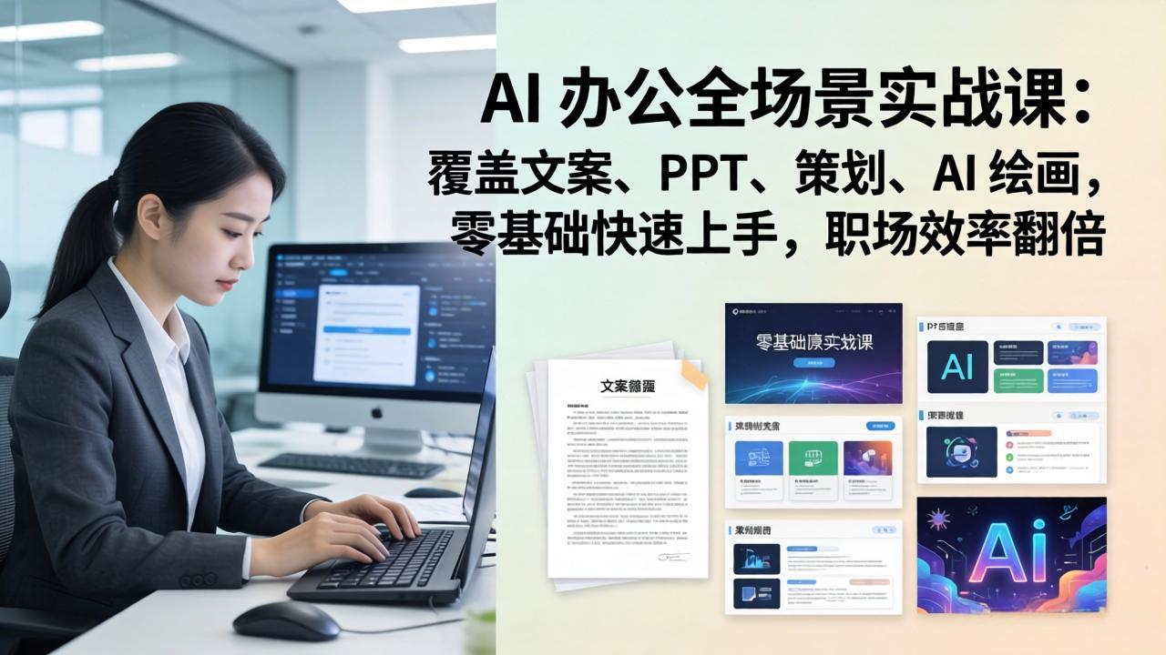 AI 办公全场景实战课：覆盖文案、PPT、策划、AI 绘画，零基础快速上手，职场效率翻倍-送财鼠