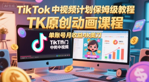 TikTok中视频计划保姆级教程，TK原创动画课程，单账号月收益4k美刀-送财鼠