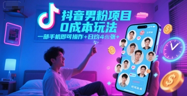 抖音男粉项目0成本玩法，一部手机即可操作，日均4张+，时间自由-送财鼠