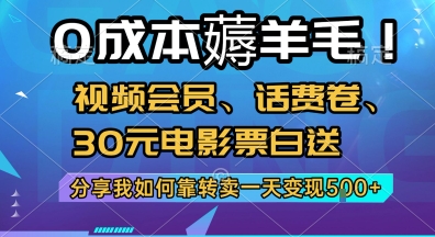 0成本薅羊毛!视频会员、话费卷、30元电影票白送，分享我如何靠转卖一天变现5张+【揭秘】-送财鼠