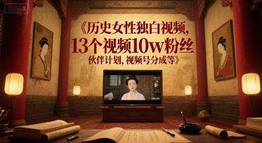 历史女性独白视频，13个视频10w粉丝，伙伴计划，视频号分成等-送财鼠