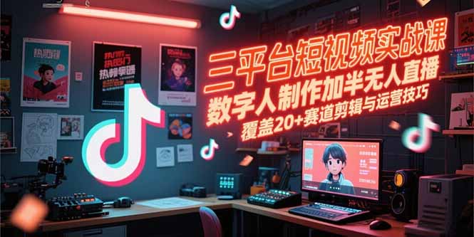 三平台短视频实战课，数字人制作加半无人直播，覆盖20+赛道剪辑与运营技巧-送财鼠