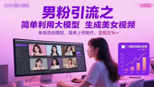 男粉引流之简单利用大模型生成美女视频，条条原创爆款，简单上传制作，变现日1k+-送财鼠