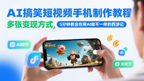 AI搞笑短视频手机制作教程，多张变现方式，5分钟教会你用AI做不一样的西游记-送财鼠